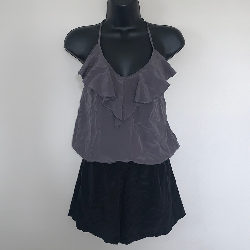 Express Charcoal Grey and Black Ruffle V Neckline Silk Halter Neck Romper